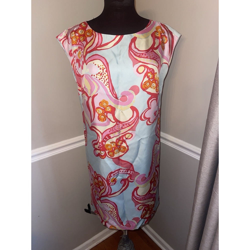 J McLaughlin‎ 100% Silk Satin Colorful Shift Pullover Dress Sz M Island Vacation